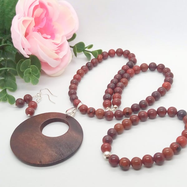 Mahogany Jasper Jewellery Set with Wood Disc Pendant, Jasper Jewellery, Gift Set