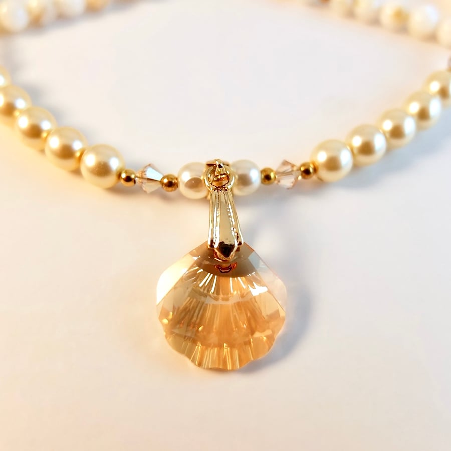 Pearl, Shell And Swarovski Crystal Necklace With Swarovski Scallop Pendant.