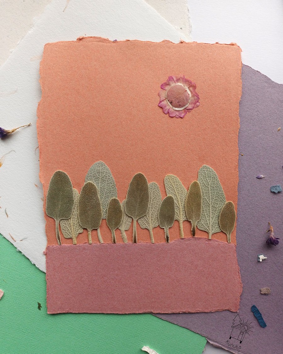 Tree Landscape & Sun, Botanical Flower Original Artwork Floral Handmade Paper