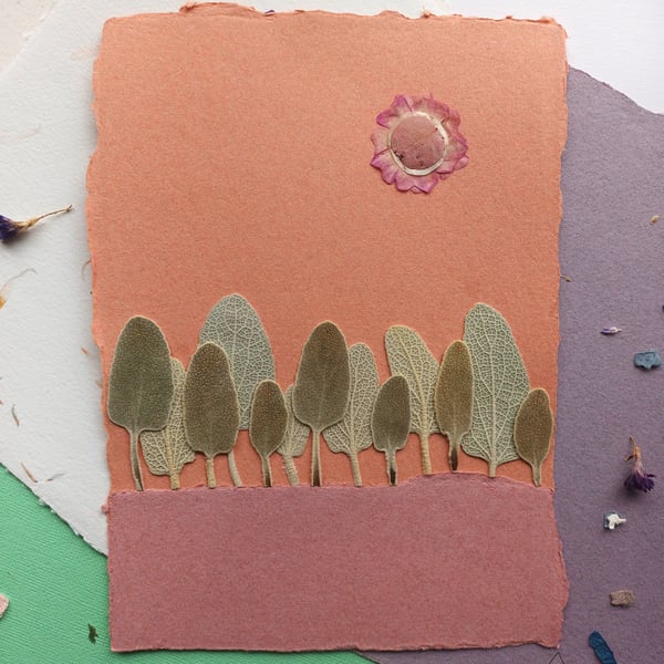 Tree Landscape & Sun, Botanical Flower Original Artwork Floral Handmade Paper