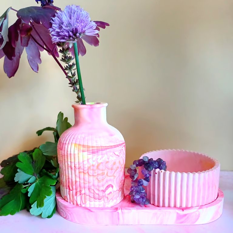 Marbled Bud Vase, Trinket Dish and Tealight Holder Gift Set. Eco Resin