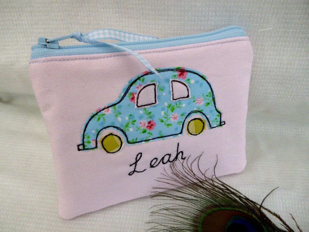 Personalised Girls Car Purse - Custom Wallet Pouch with Choice of Name - Pink