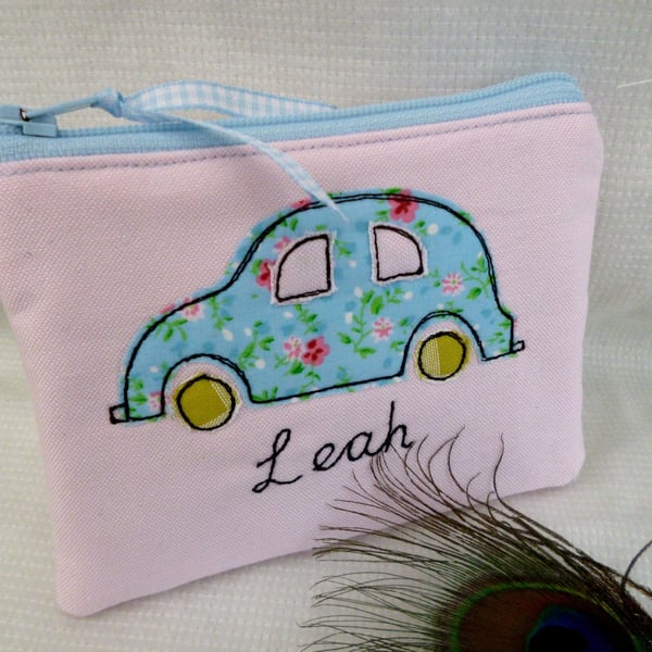 Personalised Girls Car Purse - Custom Wallet Pouch with Choice of Name - Pink