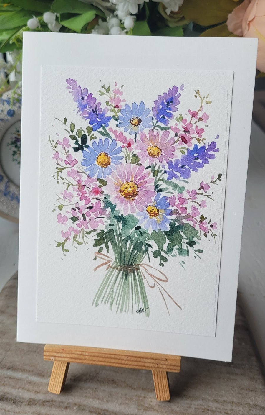 Original watercolor greeting card, summer fowers, special occasion, Unique