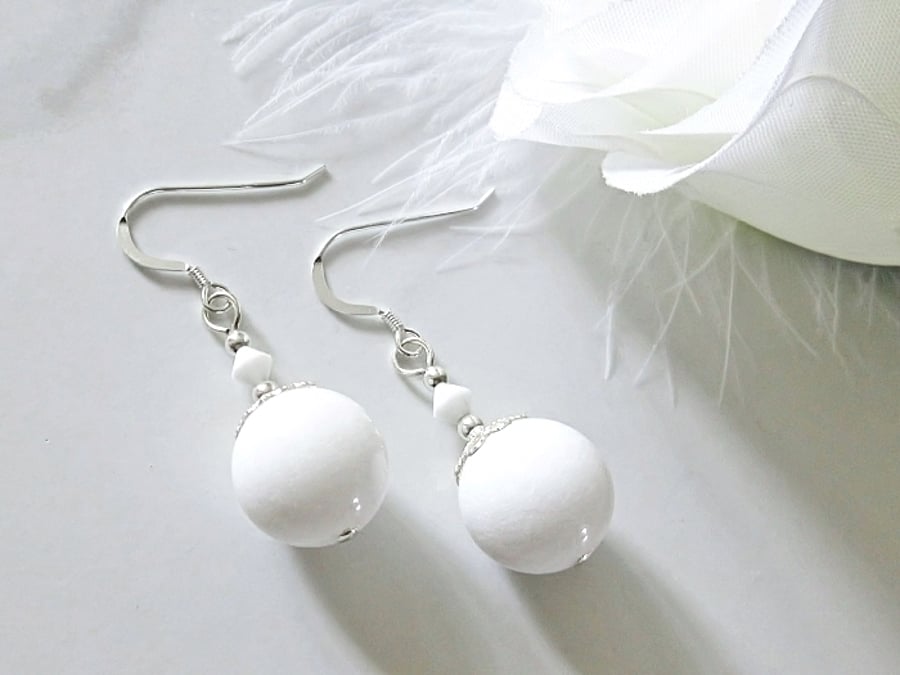 Chunky Bright White Earrings With Austrian Crystals & Sterling Silver