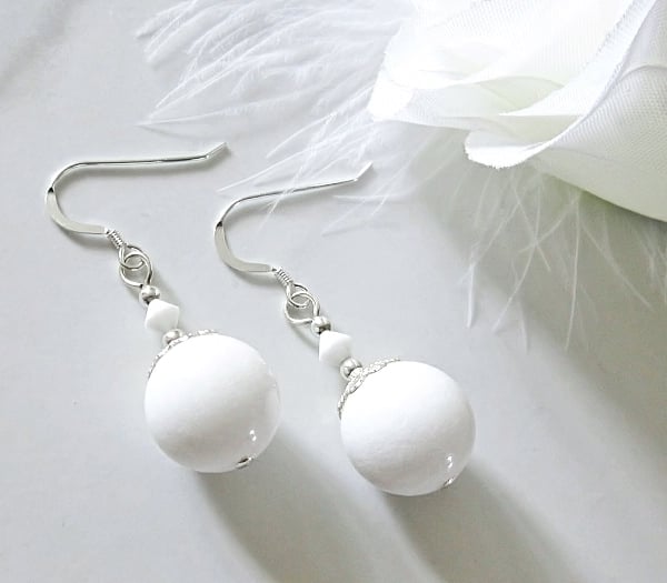 Chunky Bright White Earrings With Austrian Crystals & Sterling Silver