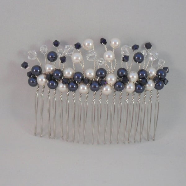 SALE Handmade Navy and White Hair Comb With Pearls and Crystals 