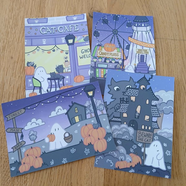 Halloween Postcards! Travelling Ghost A6 300gsm Postcards Single or Set of Four