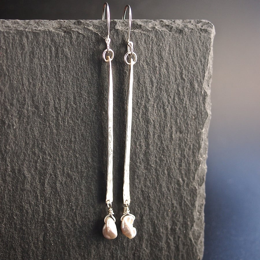Sterling Silver Forged Earrings with Pearl