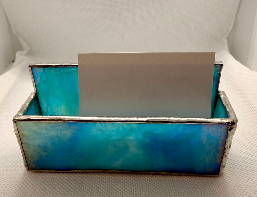 Stained glass business card holder - Irridescent turquoise and white