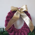 Hand-Knitted Chunky Knit Red Merino Wool Christmas Wreath Hanging Decoration 