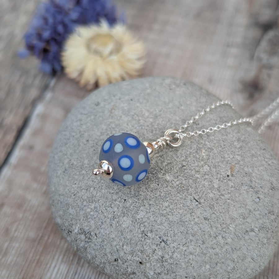 Sterling Silver Blue Spotty Lampwork Glass Necklace - JBJ2059