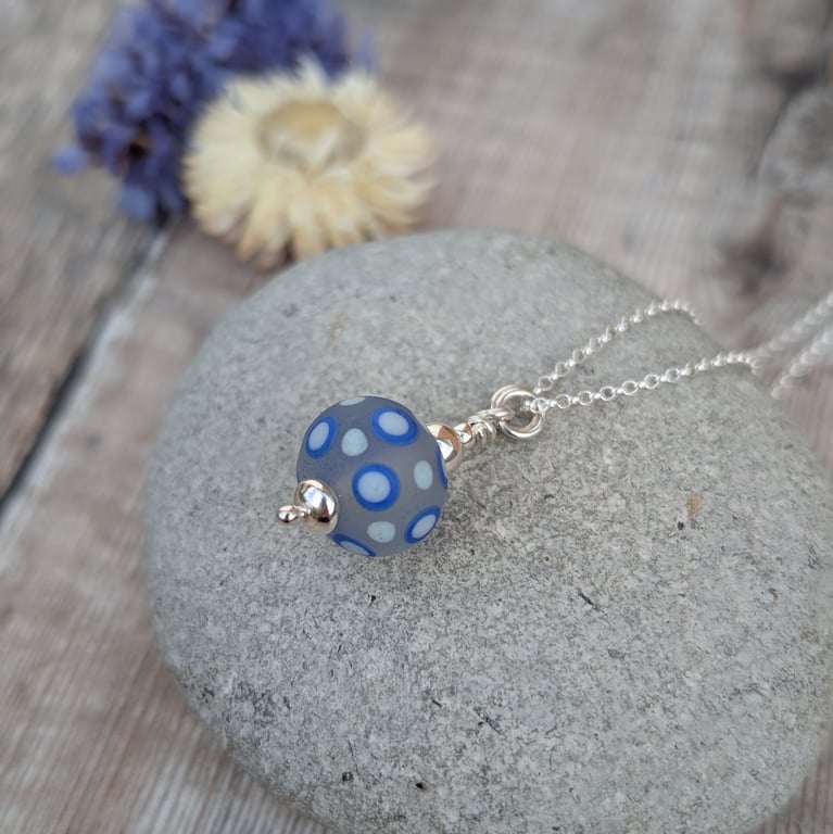 Sterling Silver Blue Spotty Lampwork Glass Necklace - JBJ2059