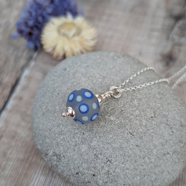 Sterling Silver Blue Spotty Lampwork Glass Necklace - JBJ2059