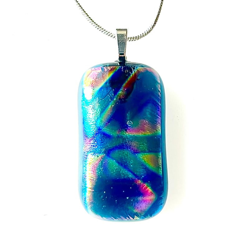 Dark Aqua Dichroic Fused Glass Pendant Necklace 