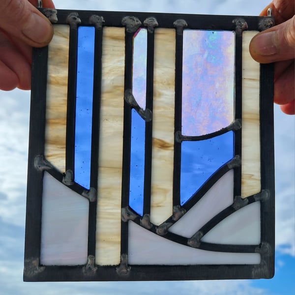 Stained glass birch trees and moon landscape leaded panel