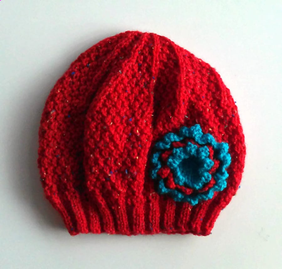 Girls Beanie Flower Hat in Red & Turquoise - Size Small 2 to 4 years