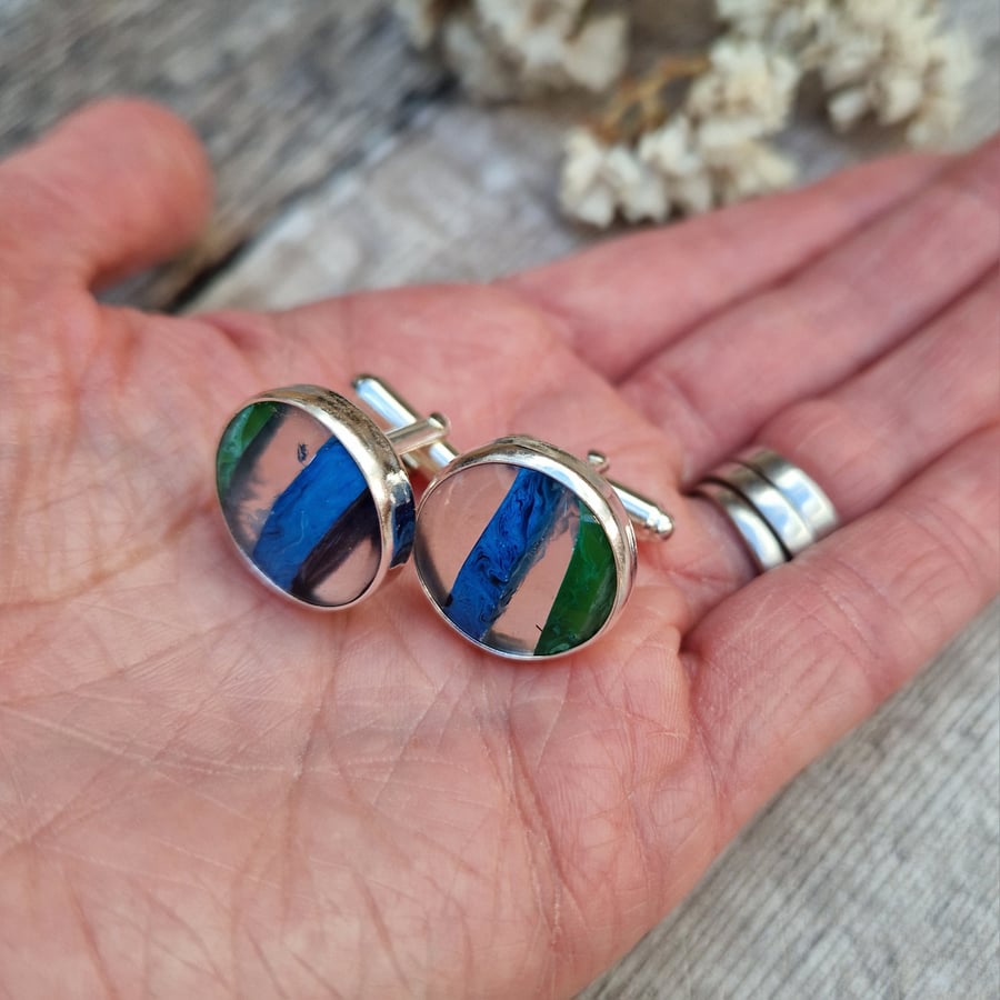Sterling Silver Green and Blue Surfite Cufflinks - JBJ11001