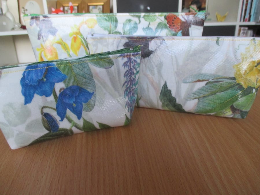 Set of Three Oilcloth Botanical Print Toiletry BAgs
