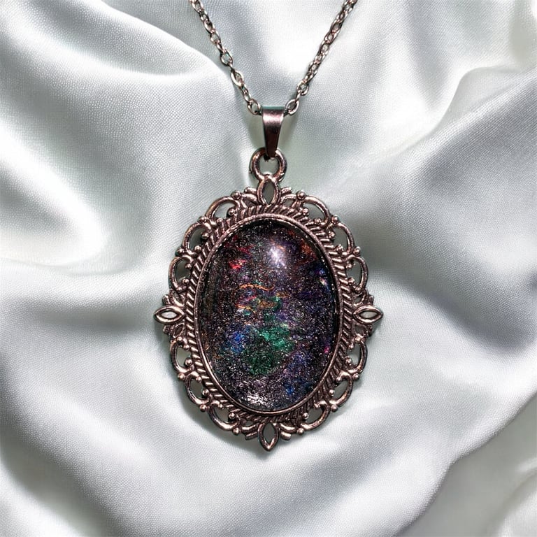 Vintage style pendant necklace with black felt and multicoloured silk fibres