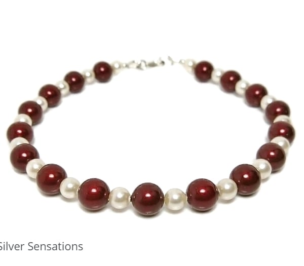 Burgundy & Cream Bridesmaids Bracelet With Swarovski Pearls