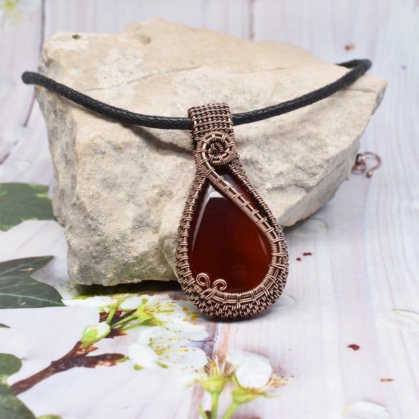 Wire Woven Carnelian and Copper Pendant