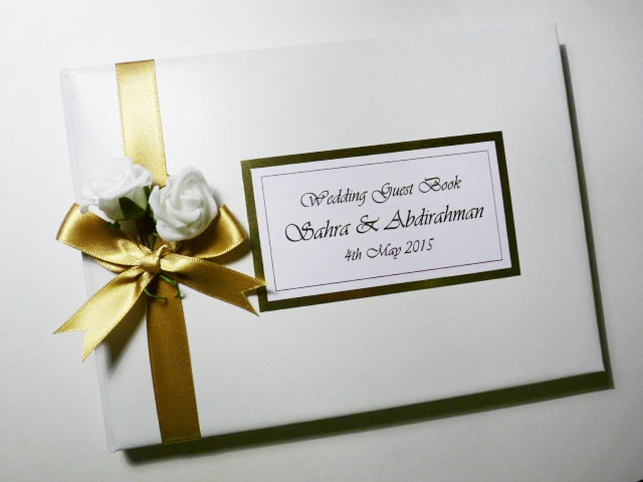 Wedding guest book with roses, gold and white wedding guest book