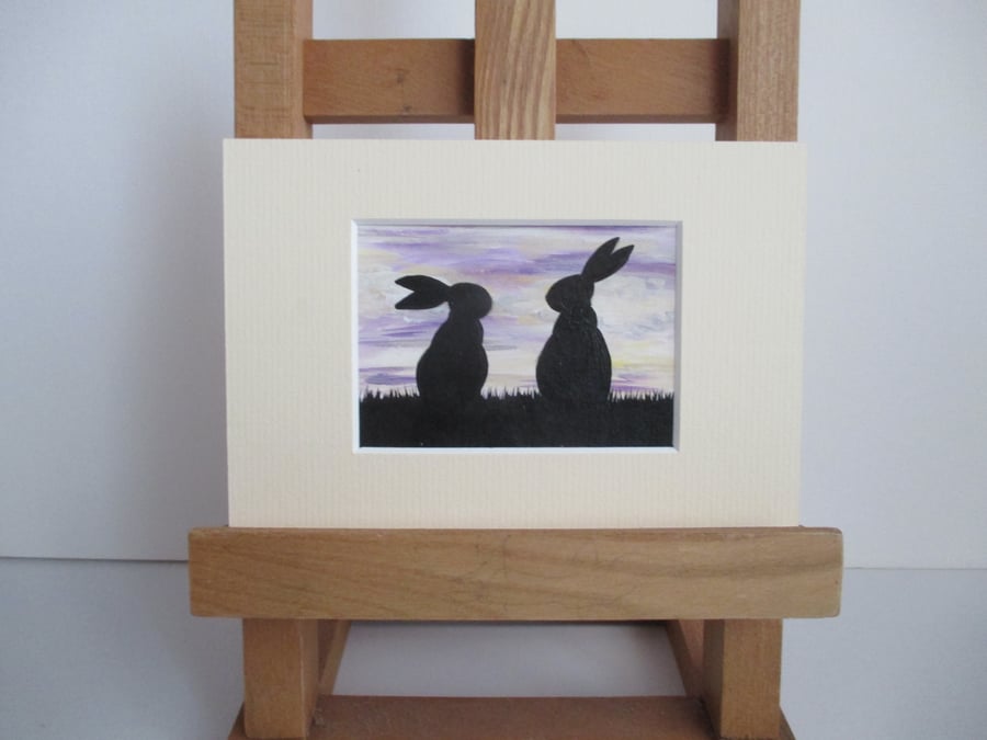 Bunny Rabbit ACEO painting Silhouette original art mounted ready to frame white