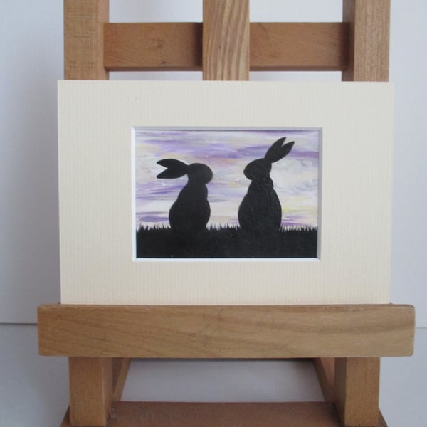 Bunny Rabbit ACEO painting Silhouette original art mounted ready to frame white