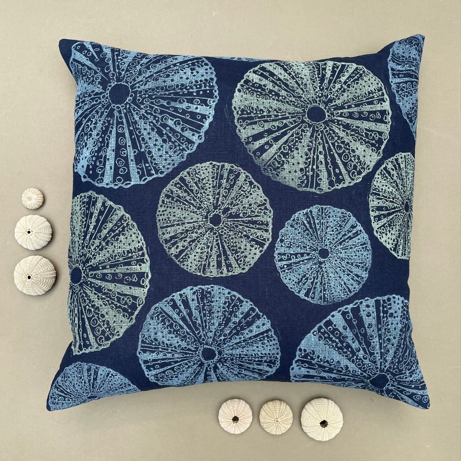 Handprinted Linocut Linen Sea Anemone Cushion