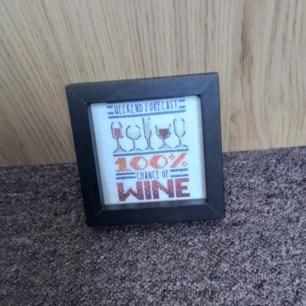 Weekend Forecast 100% Chance of Wine, Hand Stitched Picture