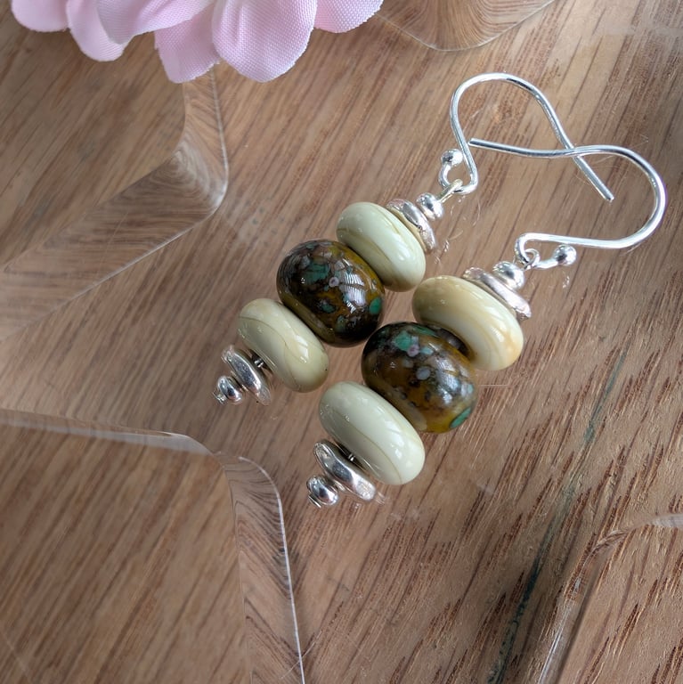 Handmade Sterling Silver Green Moss Lampwork Earrings