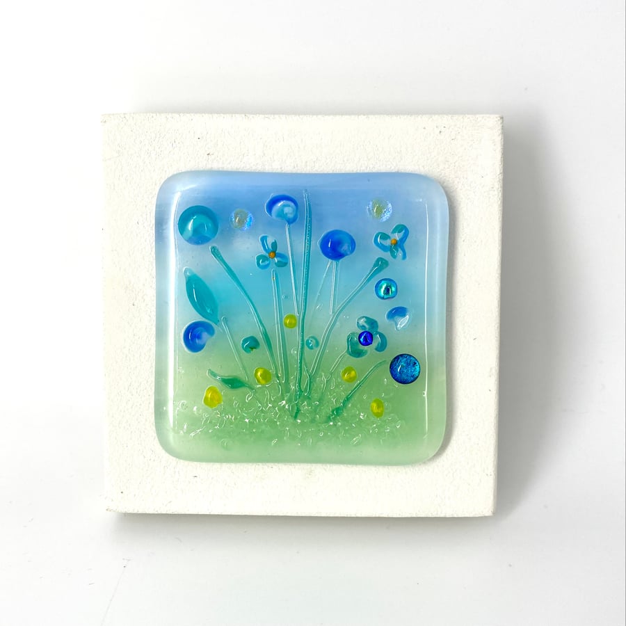 Glass Flower Meadow Picture - Blue & Turquoise with Dichroic Sparkle