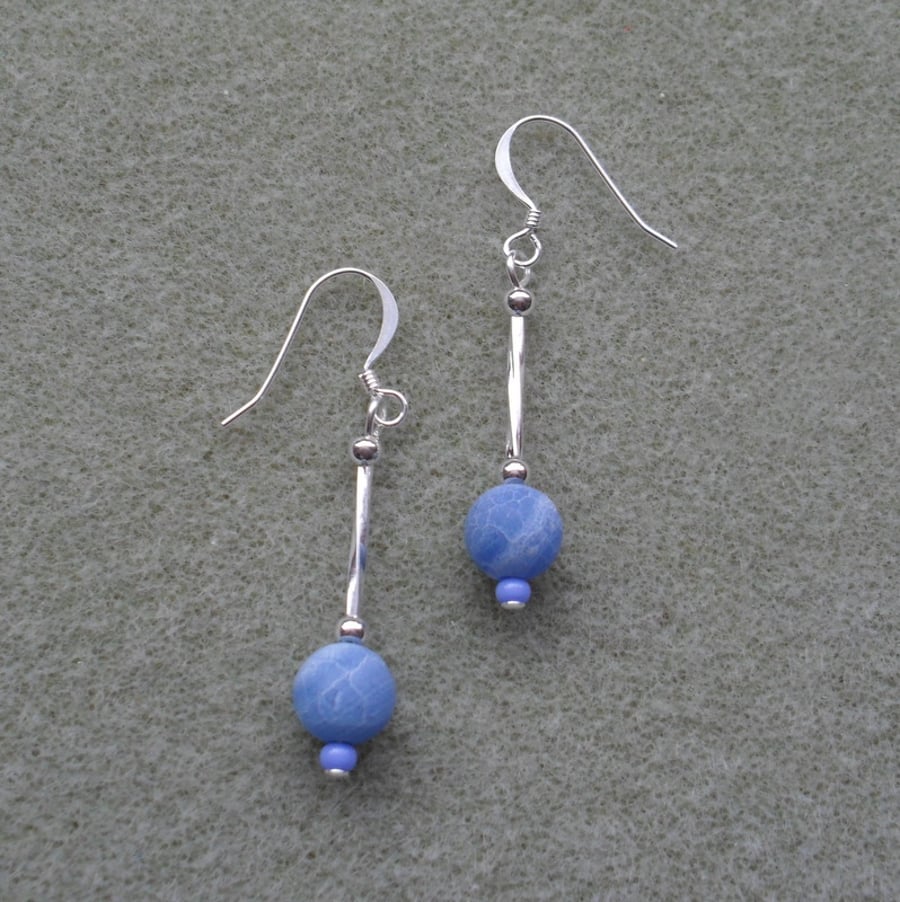 Blue Agate Dangle Earrings Silver Plate Stocking Filler