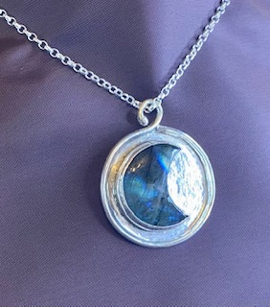 Silver and Labradorite crescent moon pendant