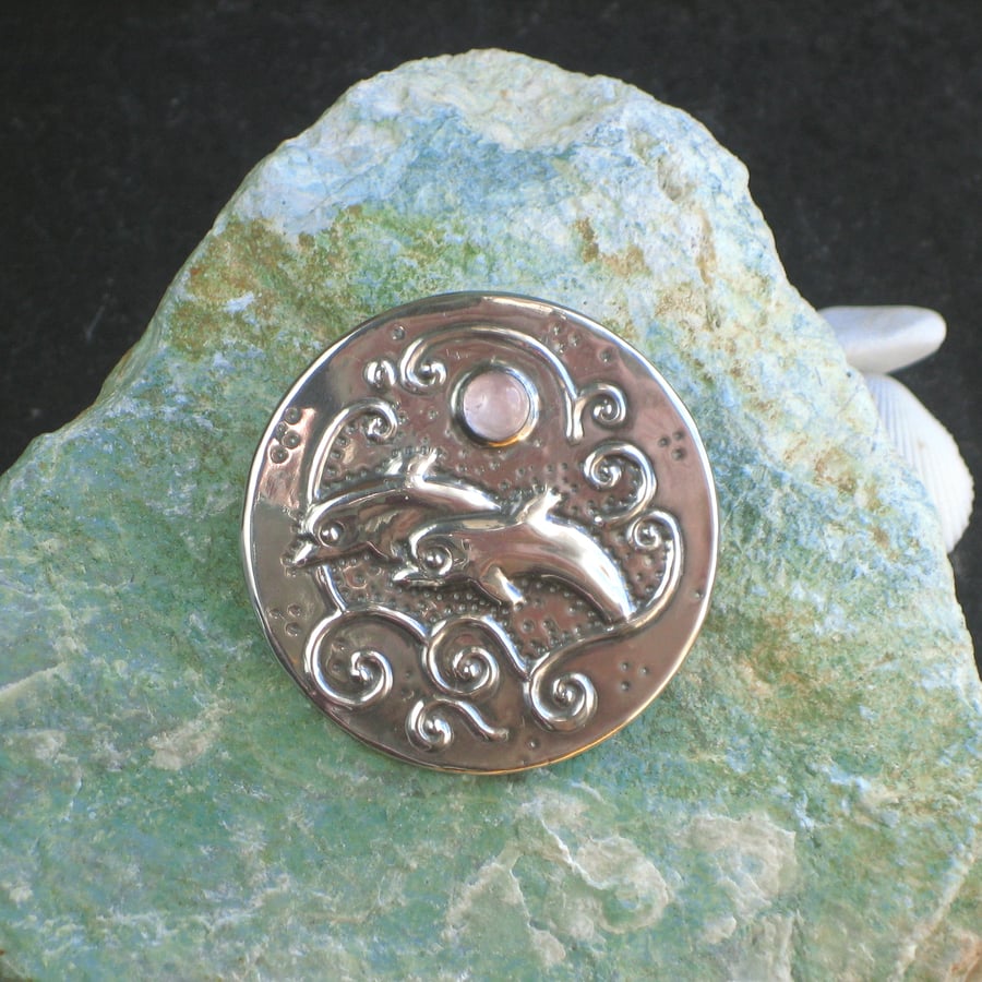 Large Dolphin Brooch with Rose Quartz Moon