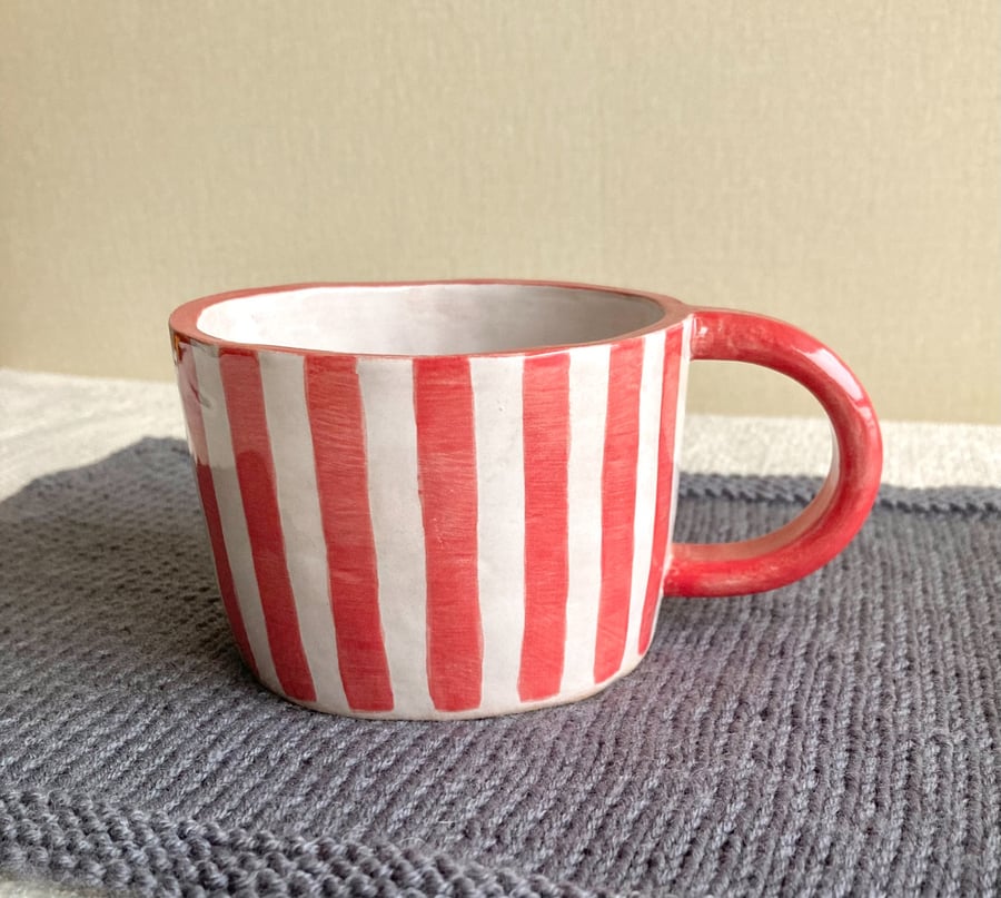 Hand pinched Red Stripe ceramic mug