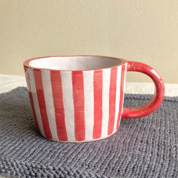 Hand pinched Red Stripe ceramic mug
