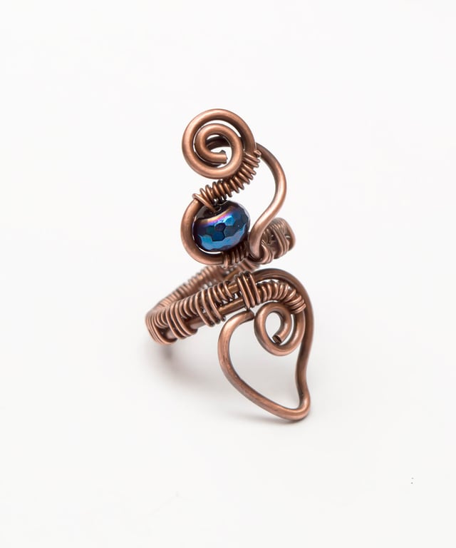 Blue Hematite Ring ,Antique Copper Wire Wrapped Statement Ring , Adjustable 
