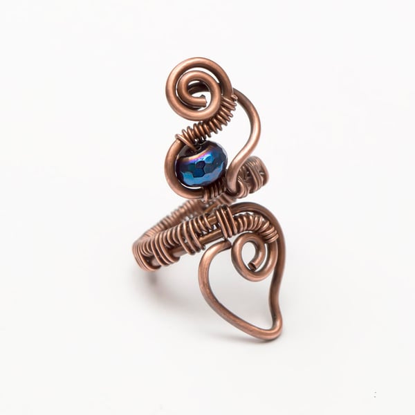 Blue Hematite Ring ,Antique Copper Wire Wrapped Statement Ring , Adjustable 