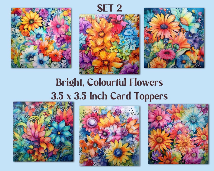 Bright Colourful Flowers Square Card Toppers for Card Making, Tags, Scrapbooks