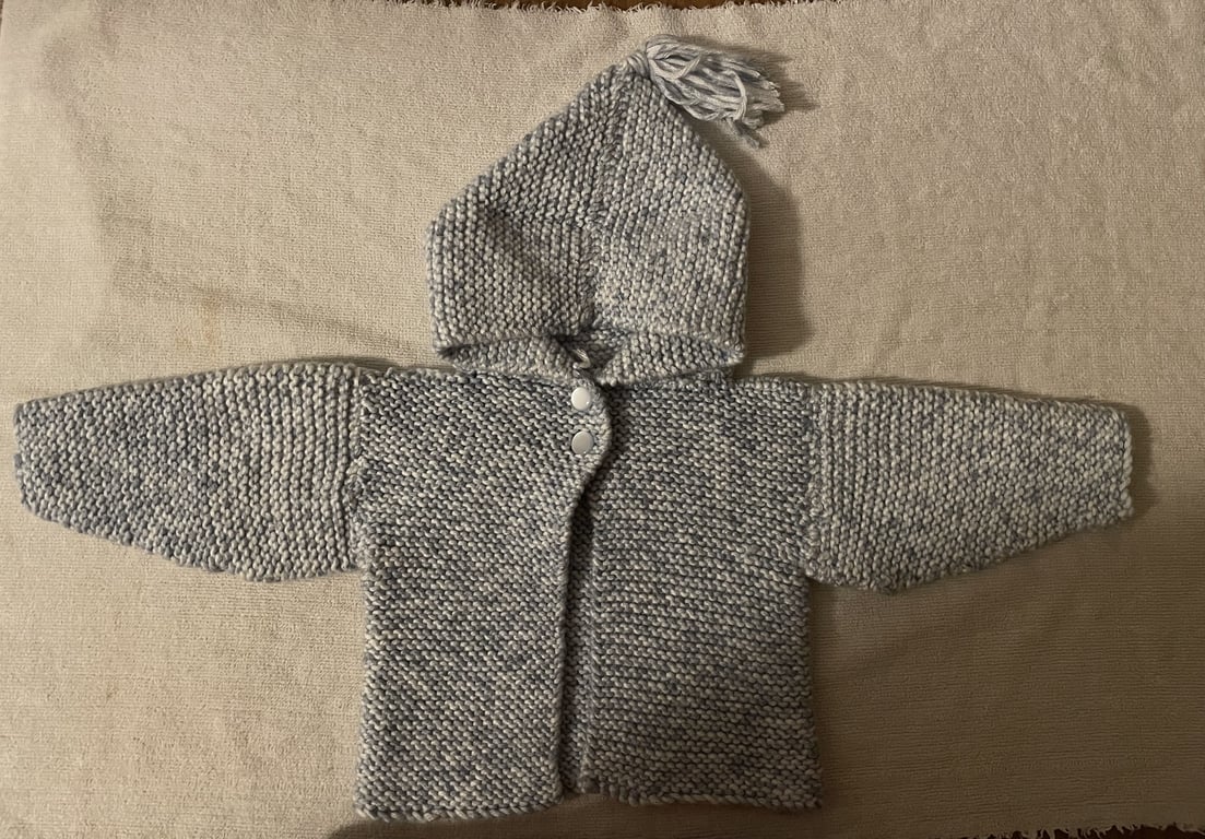 Hand knitted powder blue hooded cardigan for 3-6 month old
