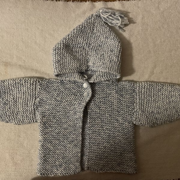 Hand knitted powder blue hooded cardigan for 3-6 month old