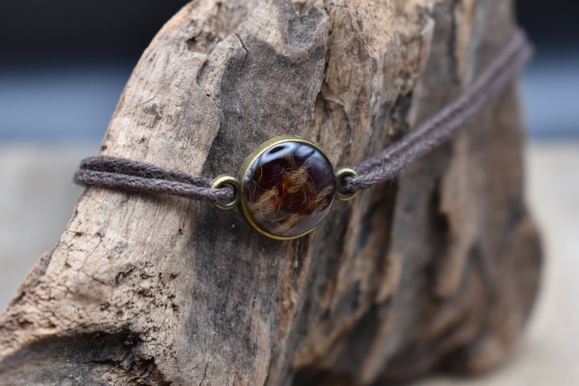 Harris Tweed Resin Bracelet, Red & Yellow, Adjustable Cotton Cord, Scottish Made
