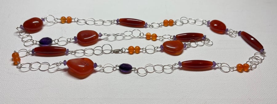 Extra long Carnelian & Sterling Silver chain necklace