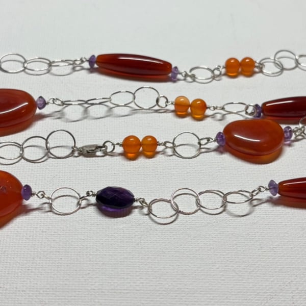 Extra long Carnelian & Sterling Silver chain necklace