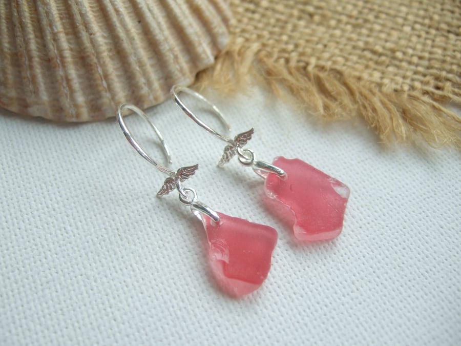 Scottish pink sea glass jewelry, sterling silver pink beach earrings, angel wing