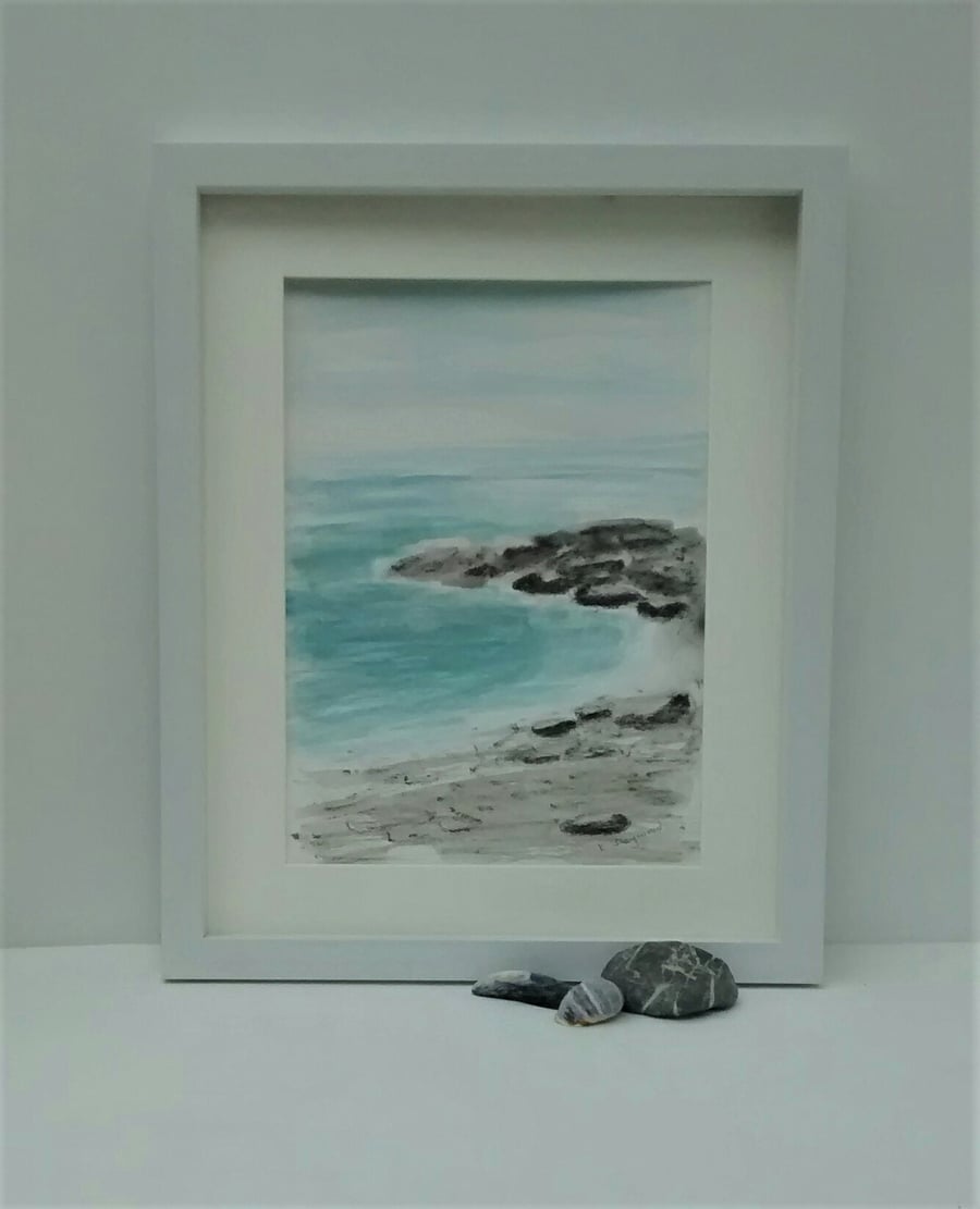 Original Watercolour Seascape Framed Painting, Pebbles on the Beach