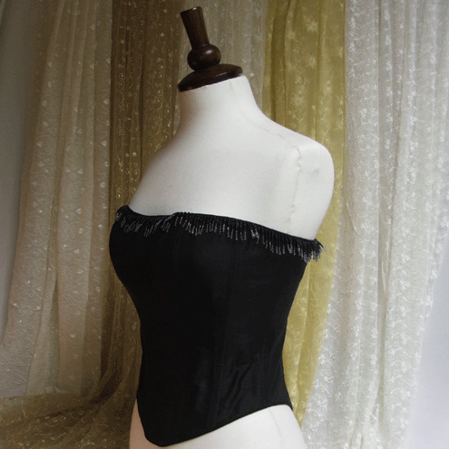 Black pure silk corset with beaded fringe