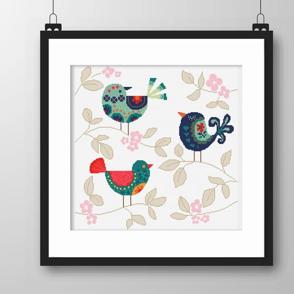 032 - Colourful Songbirds Scandinavian Style - Cross Stitch Pattern